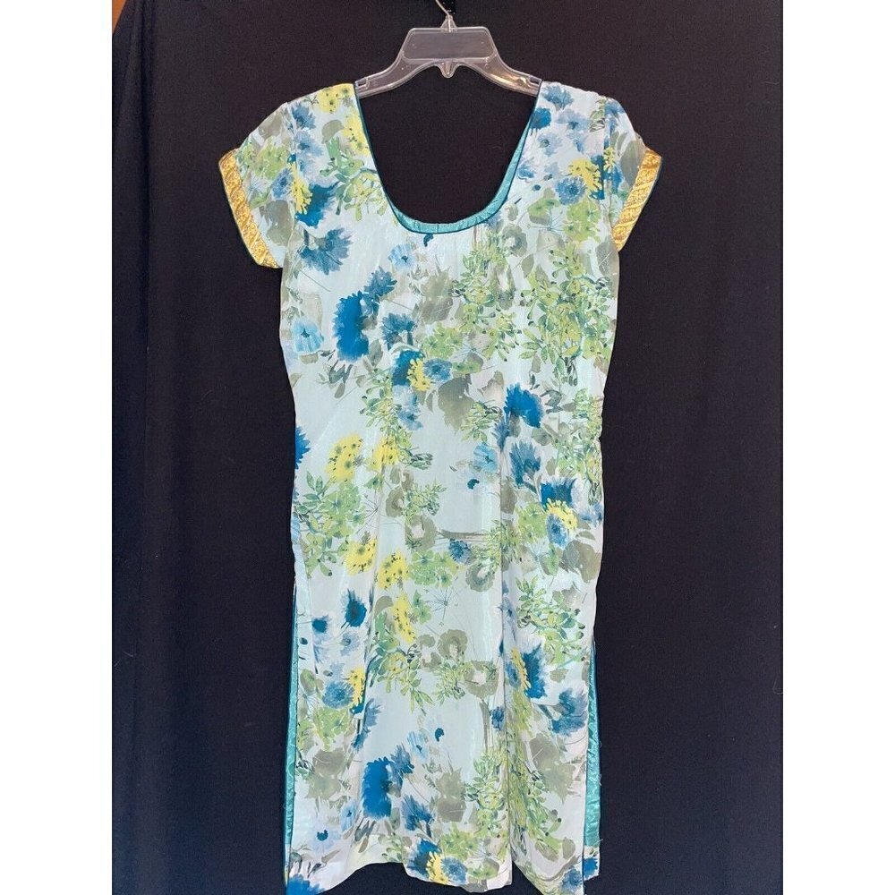 Vtg Handmade Asian Inspired Gold Trim Side Slit Sheath Dress Small Medium Floral - Picture 6 of 8